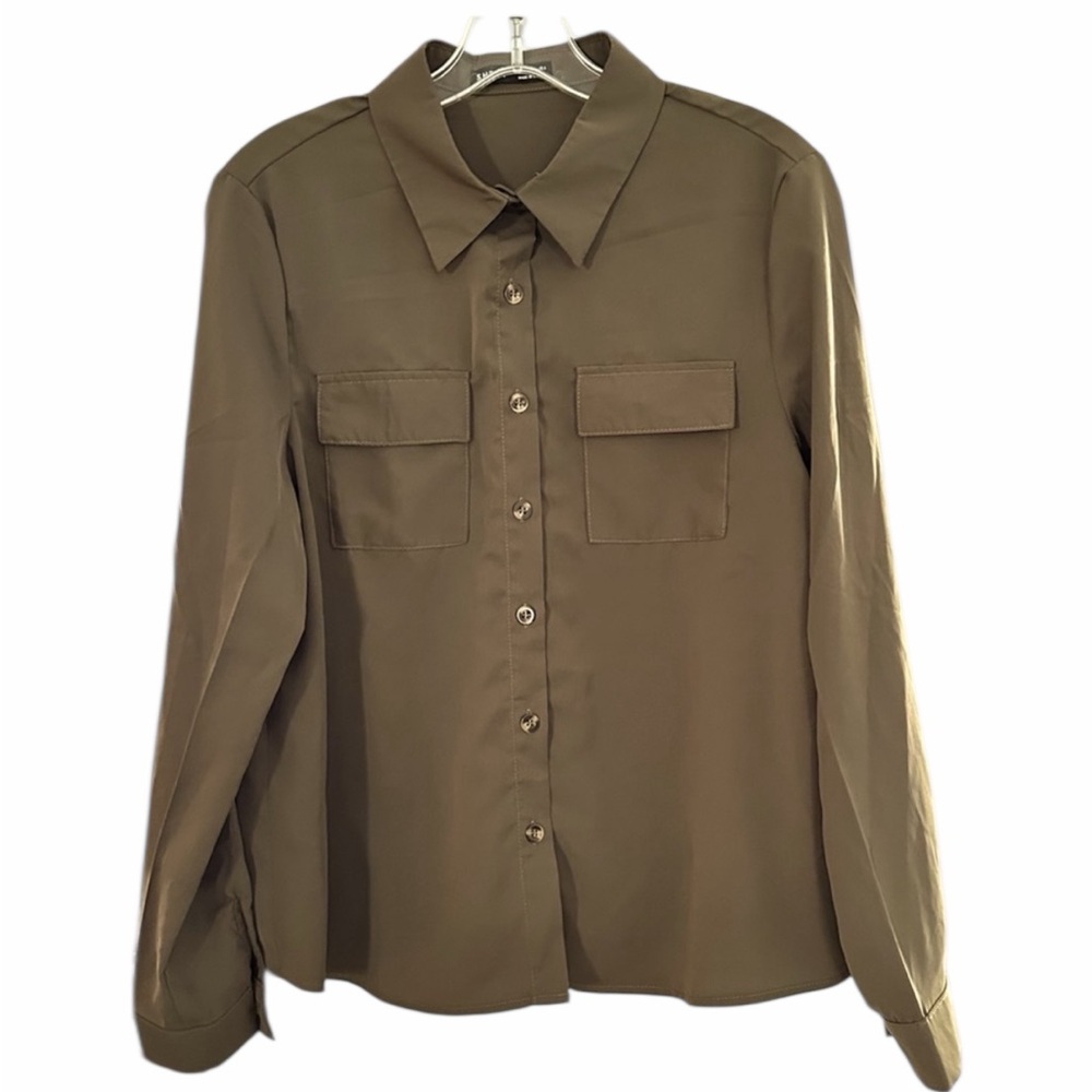 SHEIN - Woman’s Long Sleeve Button Down Blouse - Size Medium - Pre-Loved - Olive